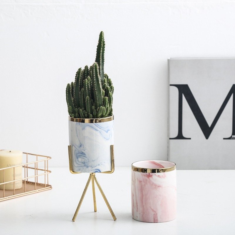 Ceramic Plant Pot on Metal Stand, Mid-Century Planter