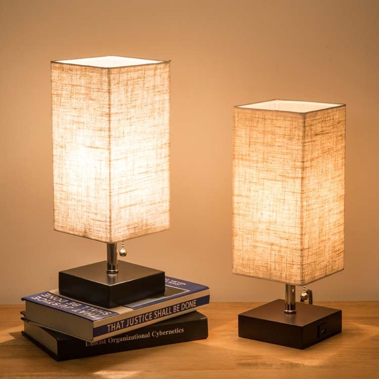 Linen Square Table Lamp for Bedside and Study
