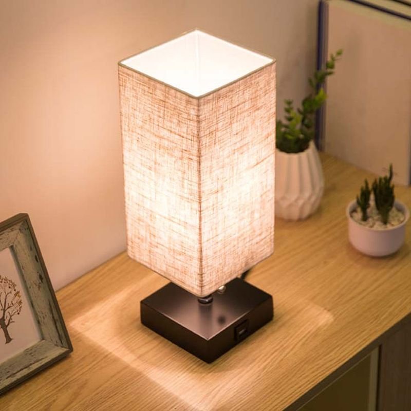 Linen Square Table Lamp for Bedside and Study