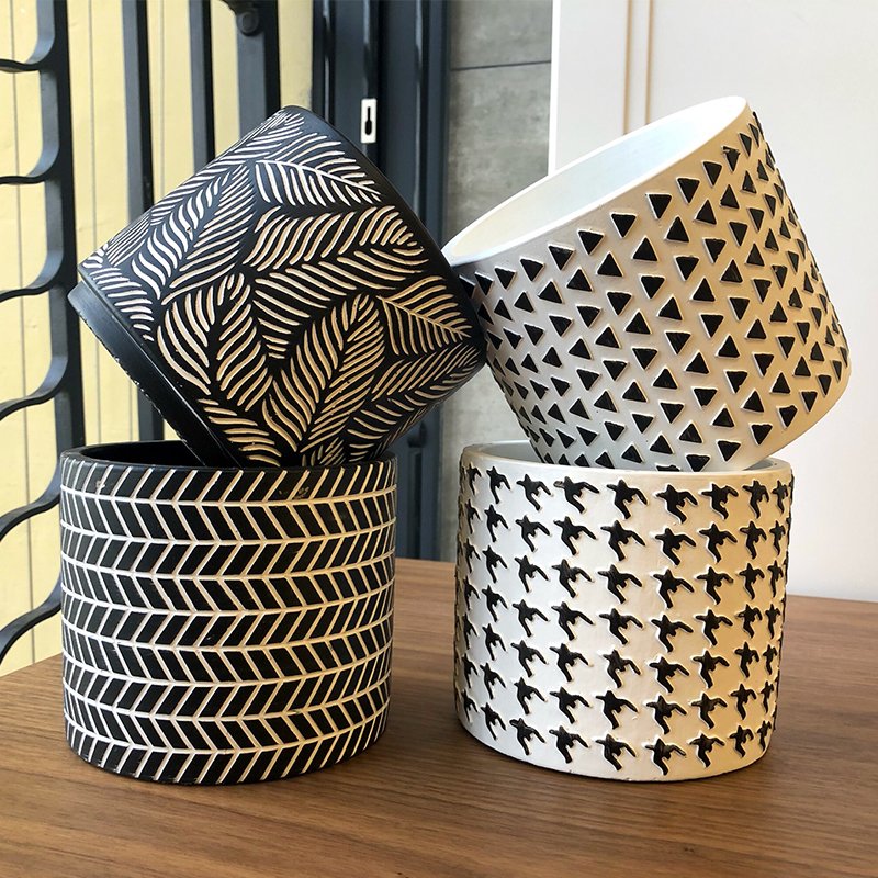 Embossed Concrete Plant Pot, Minimalist Planter in 3 Patterns