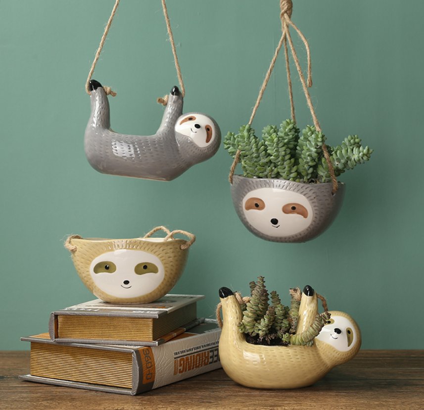 Ceramic Sloth Pot for Hanging, Grey or Yellow Cord Planter