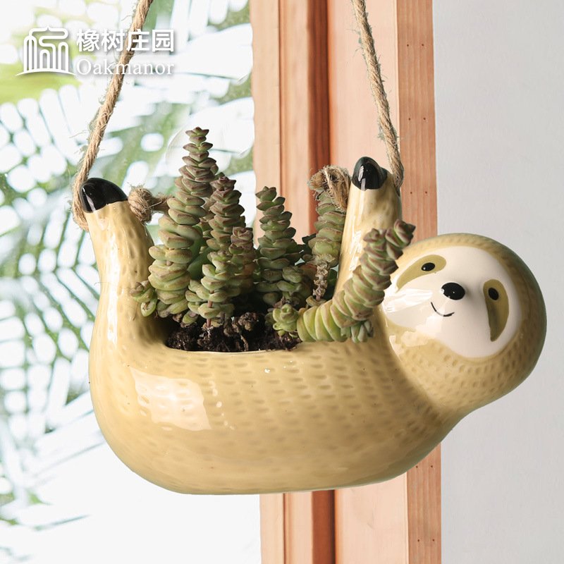 Ceramic Sloth Pot for Hanging, Grey or Yellow Cord Planter