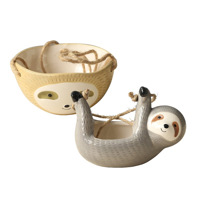 Ceramic Sloth Pot for Hanging, Grey or Yellow Cord Planter