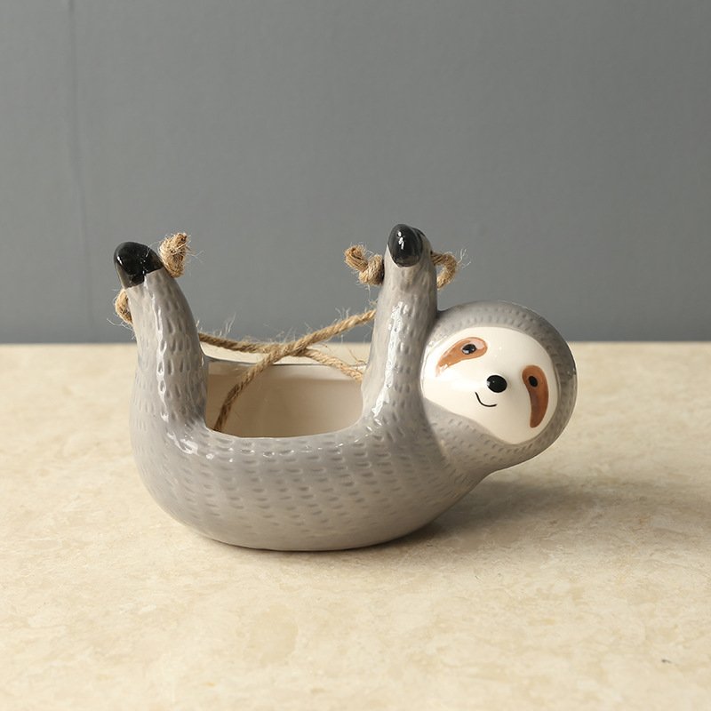 Ceramic Sloth Pot for Hanging, Grey or Yellow Cord Planter