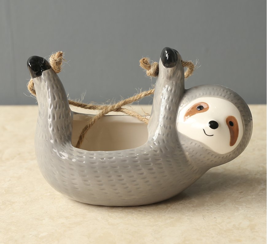 Ceramic Sloth Pot for Hanging, Grey or Yellow Cord Planter