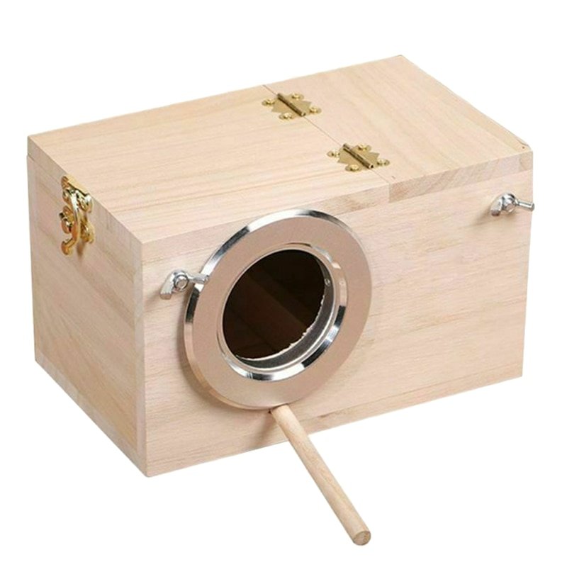 Wooden Nest Box for Small Birds, Hinged Lid and Perch